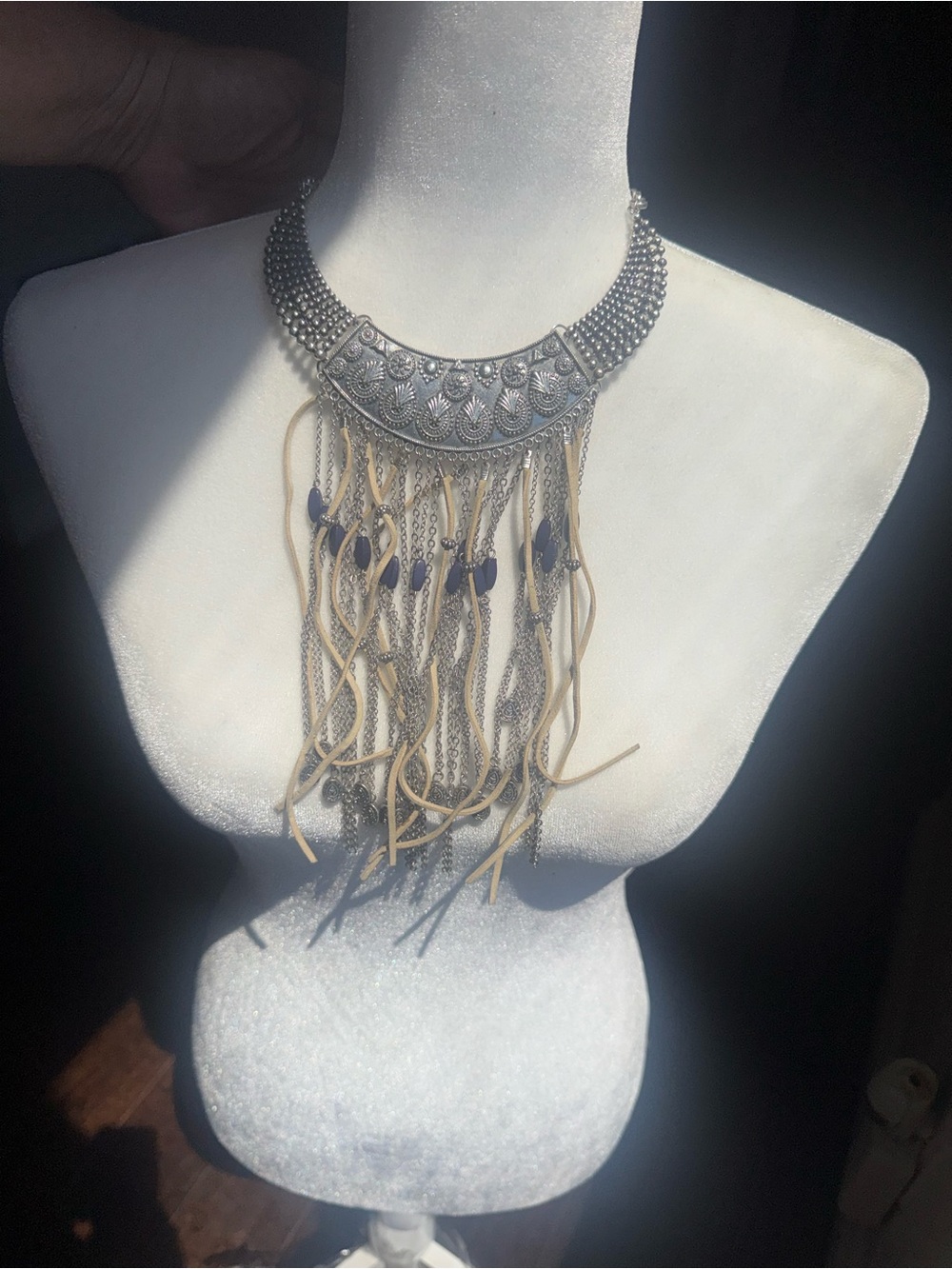 Boho Silver Statement Fringe Necklace with Blue Accents beige choker - Picture 1 of 6
